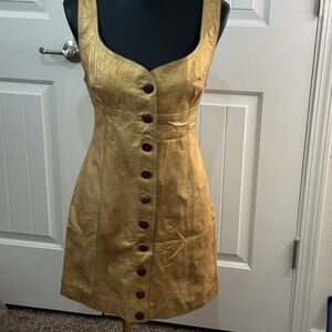 Free People Gold Leather Mini Dress Goldie Button‎ Closure Thick Straps Size 6